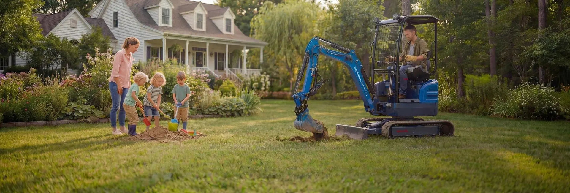 Family watching a Rippa mini excavator work in a backyard